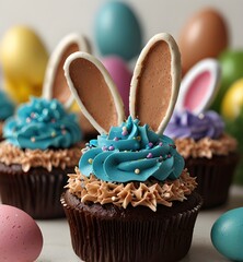 Wall Mural - Easter chocolate cupcakes with bunny ears and chocolate eggs on white background