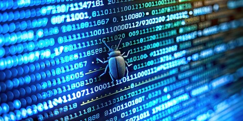 close up of computer screen showing programming code with a visible software bug, software, bug, err