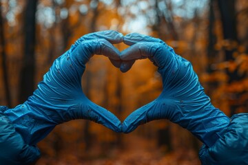 Heart shape from blue latex gloves, valentine s day symbol with blurred tree trunks in background