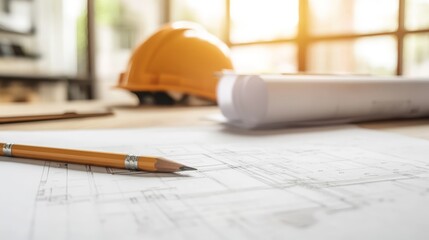 close up of blueprints and pencil on table with construction helmet in background