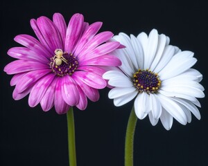 Wall Mural - Beautiful White and Pink Daisies Blooming Together on Mysterious Black Background