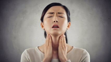 Asian Woman with Sore Throat and Neck Pain Indicating Thyroid Gland Issue on Gray Background