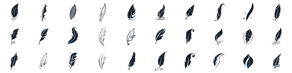 icon set vector feather ink inspiration. feather pen ink signature symbol. set of abstract signature feather pen logo design template on white background.