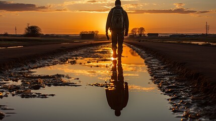 Coming Home. Silhouette of a solider in a rural area.  