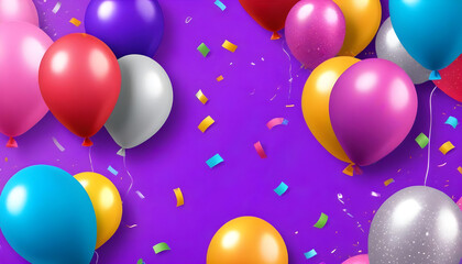 Colorful balloons and party decorations on a purple background with confetti 4