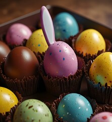 Easter chocolate eggs and bunny in cupcake tray, closeup