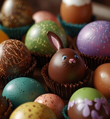 Wall Mural - Easter chocolate eggs and bunny in cupcake tray, closeup