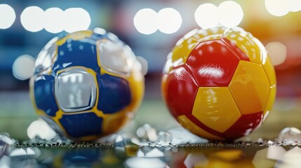 Wall Mural - A pair of soccer balls resting on a grassy field, potentially waiting for game time