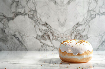 donut with white glaze and gold sprinkles on top