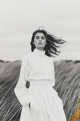 Wall Mural - A woman in a white dress stands in a field of tall grass