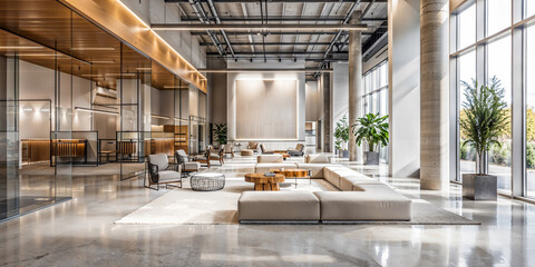 Wall Mural - Light spacious corporate lounge or lobby with industrial metal beams and exposed concrete columns, open office space, white and beige, contemporary workplace