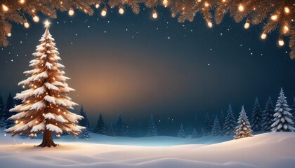 merry christmas background featuring a snow-covered landscape with a decorated pine tree on the left, twinkling fairy lights, and a clear blue sky, ample copy space on the right, ai