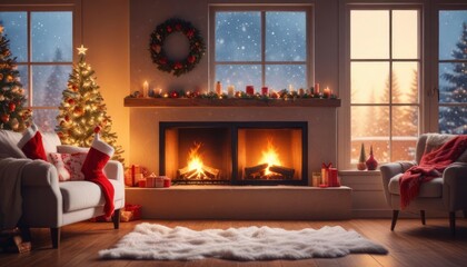 festive Christmas background with cozy living room view, burning fireplace, stockings hanging on the mantle, and large window showing falling snowflakes, copy space on the left, ai