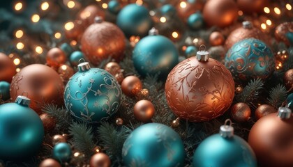 festive Christmas decorations, high detail, soft teal and terracotta color scheme, volumetric lighting, dimensional 3D illumination, ai