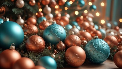 festive Christmas decorations, high detail, soft teal and terracotta color scheme, volumetric lighting, dimensional 3D illumination, ai