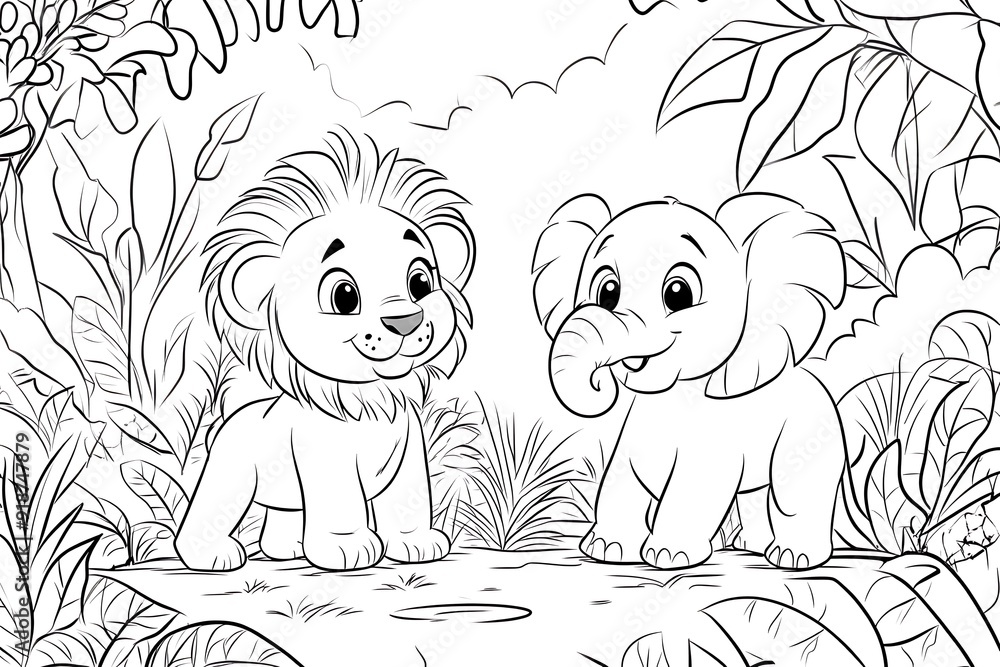 Coloring Page Outline Of cartoon lion and elephant in the jungle Stock ...