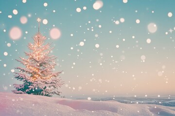 merry christmas background featuring a snow-covered landscape with a decorated pine tree on the left, twinkling fairy lights, and a clear blue sky, ample copy space on the right, ai