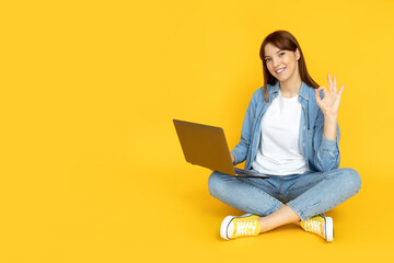 Poster - An attractive young girl is working on a laptop