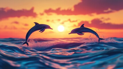 Two Dolphins Leap in Synchronicity Against a Dramatic Sunset Sky