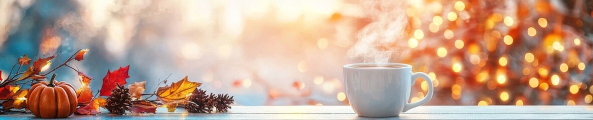 Wall Mural - A steaming cup of coffee outdoors in the autumn with pumpkin spice decorations. 