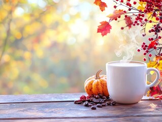 Wall Mural - A steaming cup of coffee outdoors in the autumn with pumpkin spice decorations. 