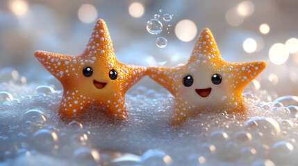 Illustration of cute two baby starfish print sea background