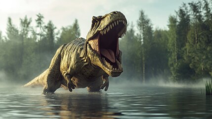 Wall Mural - Tyrannosaurus Rex Emerging from Misty Water