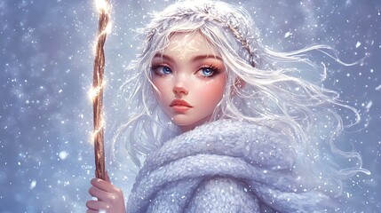 Wall Mural - Cute fairy tale girl in a magical winter forest