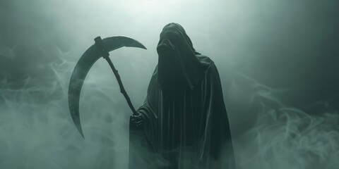 Wall Mural - A farmer holding a scythe stands in a foggy atmosphere, ready to harvest