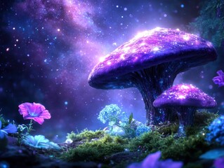 Magical glowing mushrooms in a fantasy forest