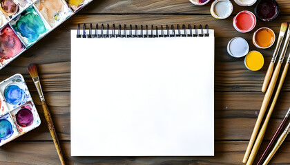 Illustration of a flat lay showing a watercolor painting setup with brushes, paints, and a sketchbook, viewed from above with space for text