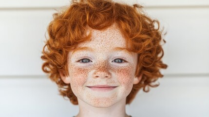 Wall Mural - a closeup portrait of a young boy with freckles and bright red hair smiling widely symbolizing innocence and joy perfect for familyoriented brands or products focused on happiness and playfulness