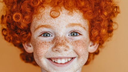 Wall Mural - a closeup portrait of a young boy with freckles and bright red hair smiling widely symbolizing innocence and joy perfect for familyoriented brands or products focused on happiness and playfulness