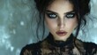 © Aleksandra - a medium shot portrait of a gothic woman with dark makeup and a black lace dress symbolizing boldness and nonconformity ideal for alternative fashion brands or products that embrace individuality