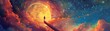 © Manita - A breathtaking cosmic scene featuring vibrant colors, ethereal clouds, and a solitary figure gazing at a glowing celestial body.