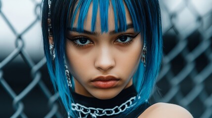 Wall Mural - a medium shot portrait of a young woman with vibrant blue hair dressed in eclectic streetwear symbolizing creativity and individuality ideal for brands targeting youth culture and selfexpression