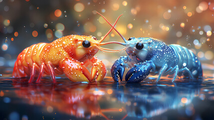 Illustration of cute Colorful two baby Lobster print sea background