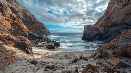 A scenic coastline with rocky formations and a calm body of water