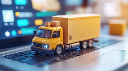 A yellow truck is on a laptop keyboard