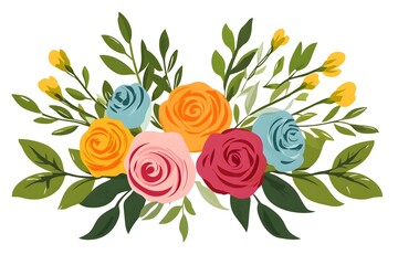 Sticker - Colorful Rose Bouquet with Green Leaves.