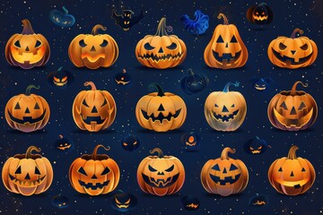 Wall Mural - A collection of Halloween pumpkins with various scary expressions