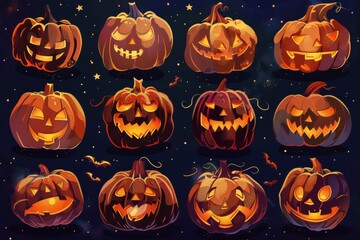 Wall Mural - A collection of Halloween pumpkins with various scary expressions