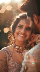 Wall Mural - Couple tying a necklace around a girl's neck, happy and romantic