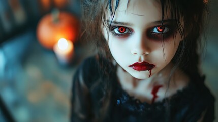 A girl with red lips and red eyes is standing in front of a candle