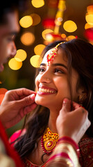 Poster - Couple tying a necklace around a girl's neck, happy and romantic