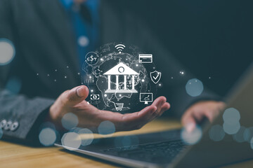 Poster - Digital Banking and Financial Technology Concept. A person presents digital banking and financial technology icons, and currency symbols, emphasizing modern online payment systems and e-commerce.