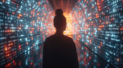 Wall Mural - Woman Facing A Wall of Data and Light