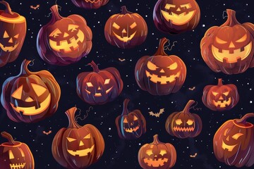 Wall Mural - A collection of Halloween pumpkins with various scary expressions