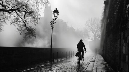 A man rides a bicycle down a wet street