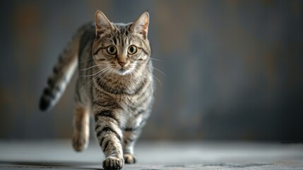 Wall Mural - A cat is walking on a grey surface